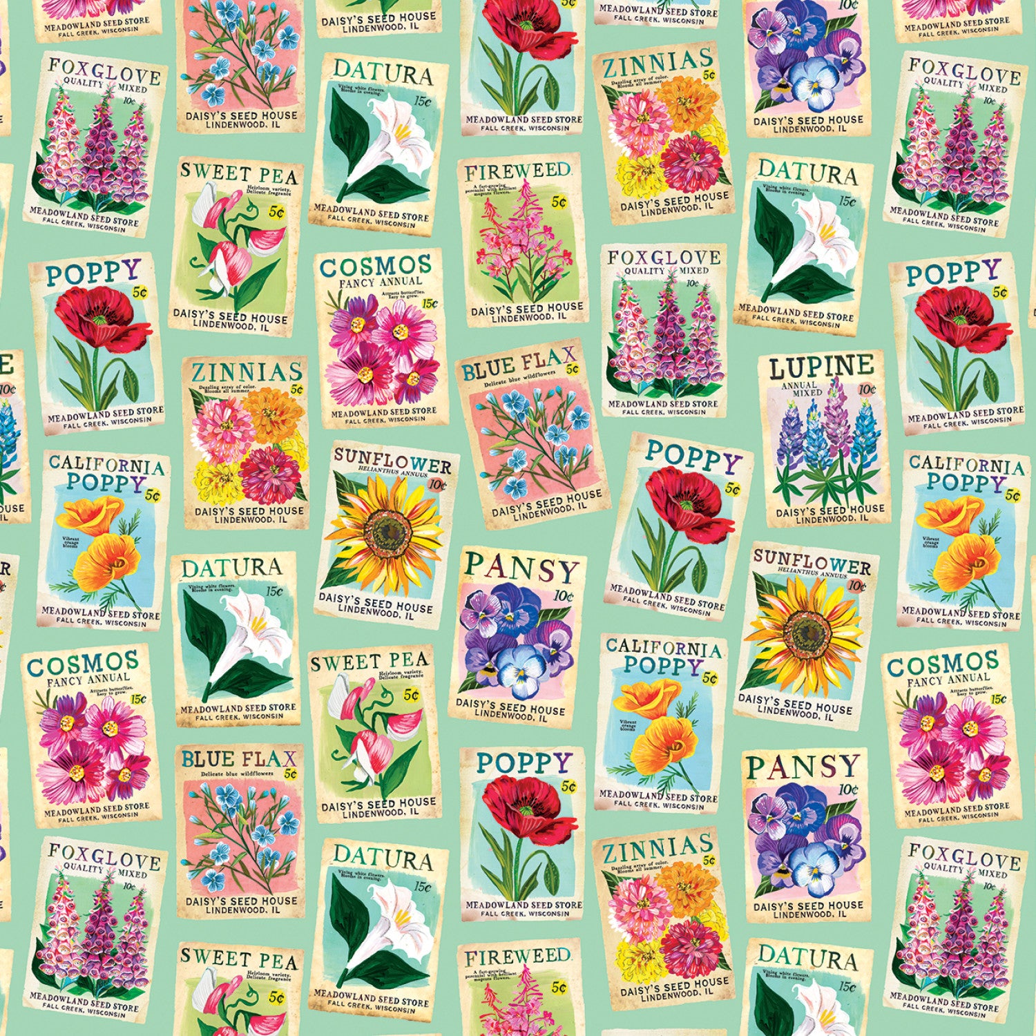 A Wildflower Heart | Heritage Seedpacks - Light Teal by Katie Daisy for Benartex | 16509-80