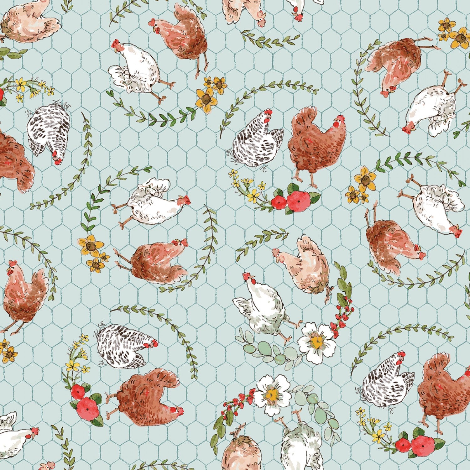 Cottontail Farm - Chickens on a Wire Blue by 3 Wishes Fabric