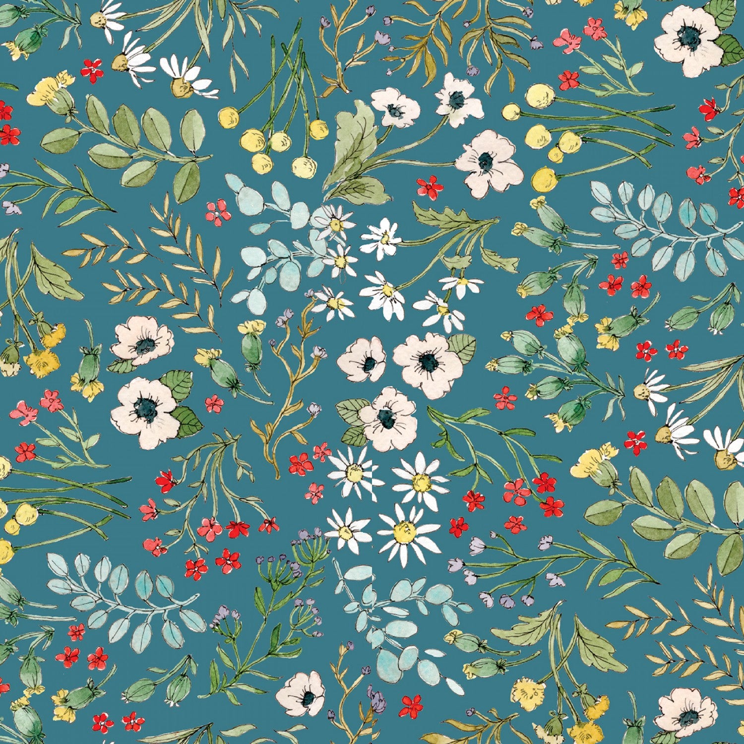 Cottontail Farm - Tossed Flowers Teal by 3 Wishes Fabric