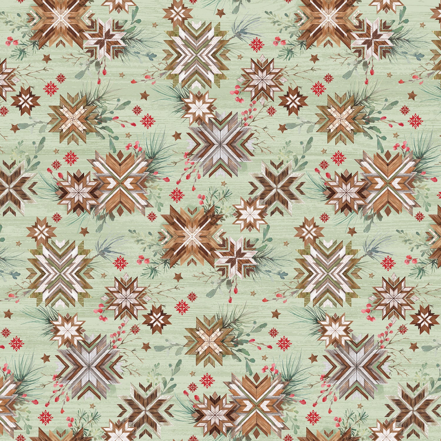 Snowflake Lodge | Woodgrain Stars Green by Courtney Morgenstern for 3 Wishes | 22216-GRN