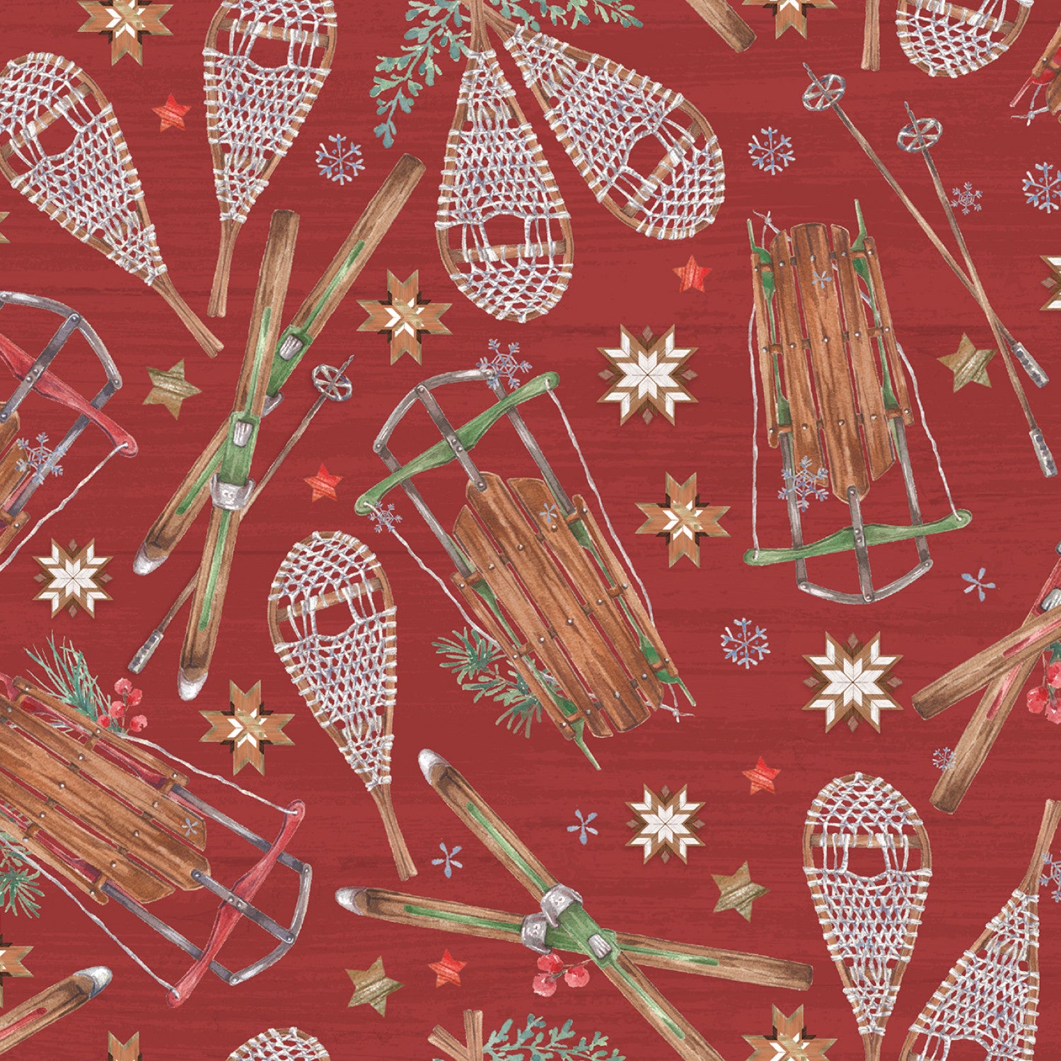 Snowflake Lodge | Snowshoes and Sleds Red by Courtney Morgenstern for 3 Wishes | 22218-RED