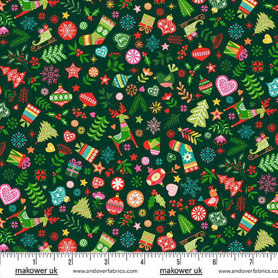 Christmas Brights | Green Ornaments by Makower UK for Andover Fabrics | MU-021-G