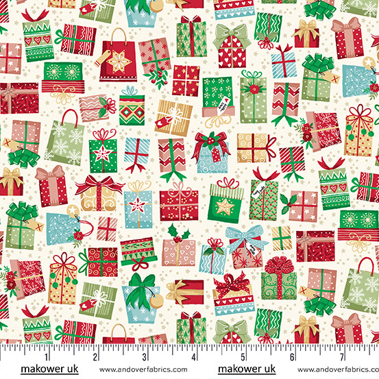 Christmas Wishes | Gifts Galore Cream by Makower UK for Andover Fabrics | MU-034-Q