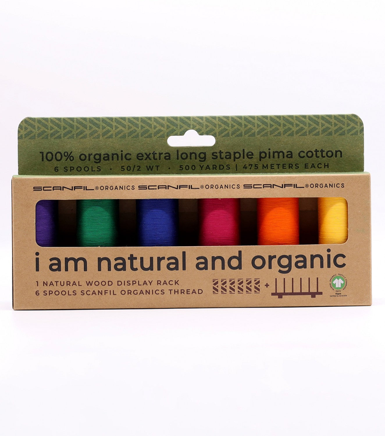 Scanfil Organic Cotton Thread | 50wt 6-Spool Set with Rack | Jewel Tones