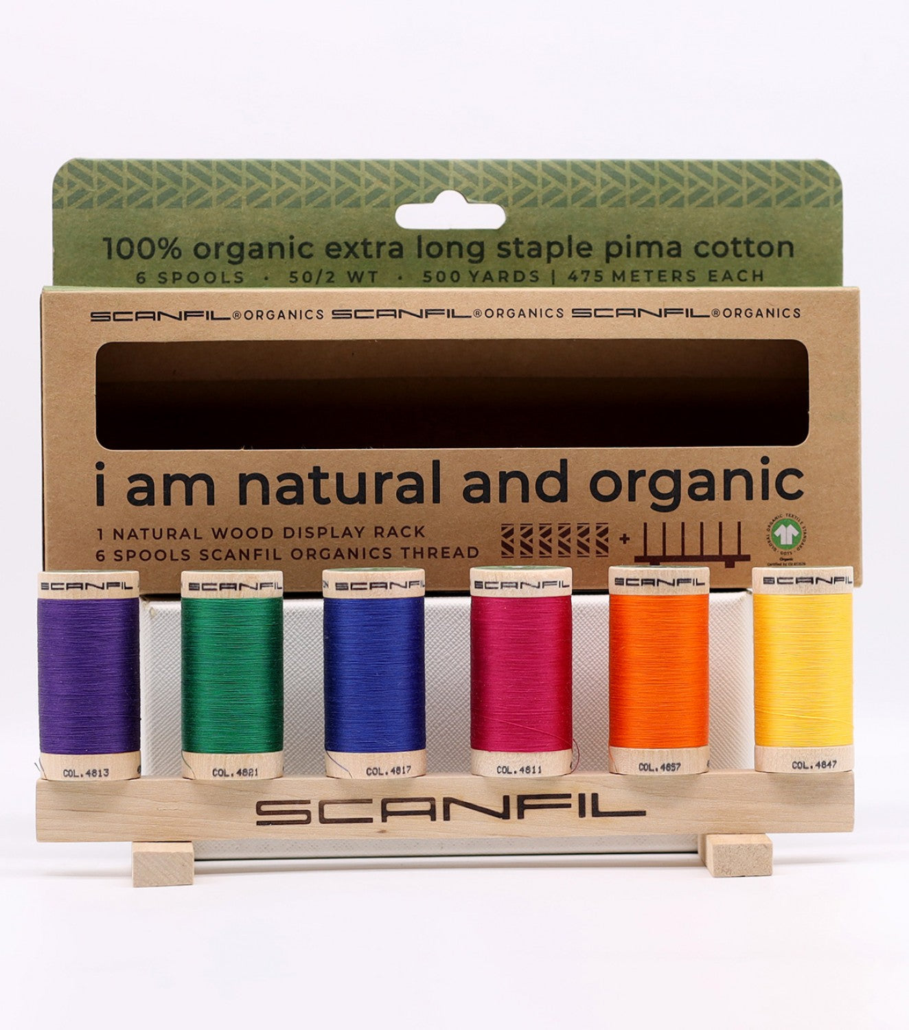 Scanfil Organic Cotton Thread | 50wt 6-Spool Set with Rack | Jewel Tones