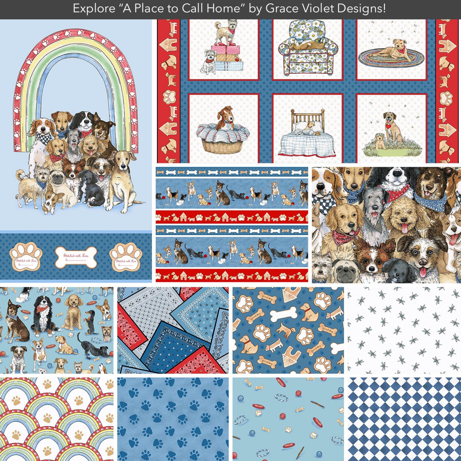 A Place to Call Home | Tossed Dog Treat by Grace Violet for Henry Glass | 1420-74 Blue-Multi