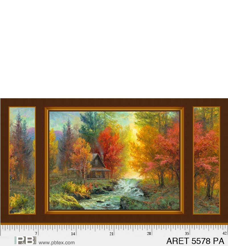 Autumn Retreat | Cabin by the Stream 24" Panel by Abraham Hunter for P&B Textiles | ARET05578-PA