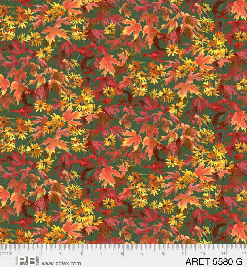 Autumn Retreat | Tossed Leaves Green by Abraham Hunter for P&B Textiles | ARET05580-G