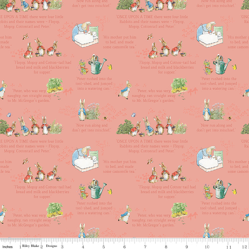 The Tale of Peter Rabbit | Text Coral by Beatrix Potter for Riley Blake | C14701-CORAL