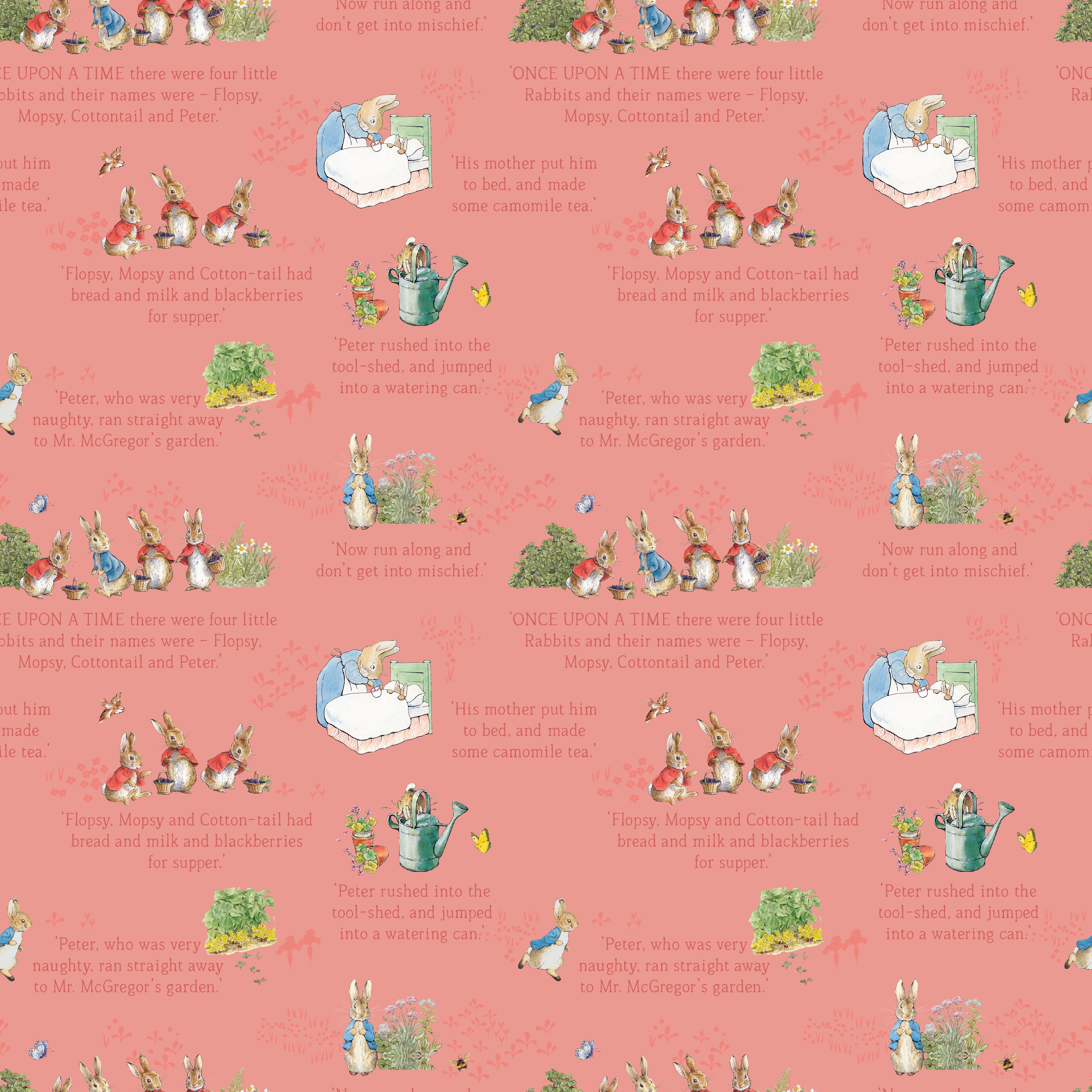 The Tale of Peter Rabbit | Text Coral by Beatrix Potter for Riley Blake | C14701-CORAL