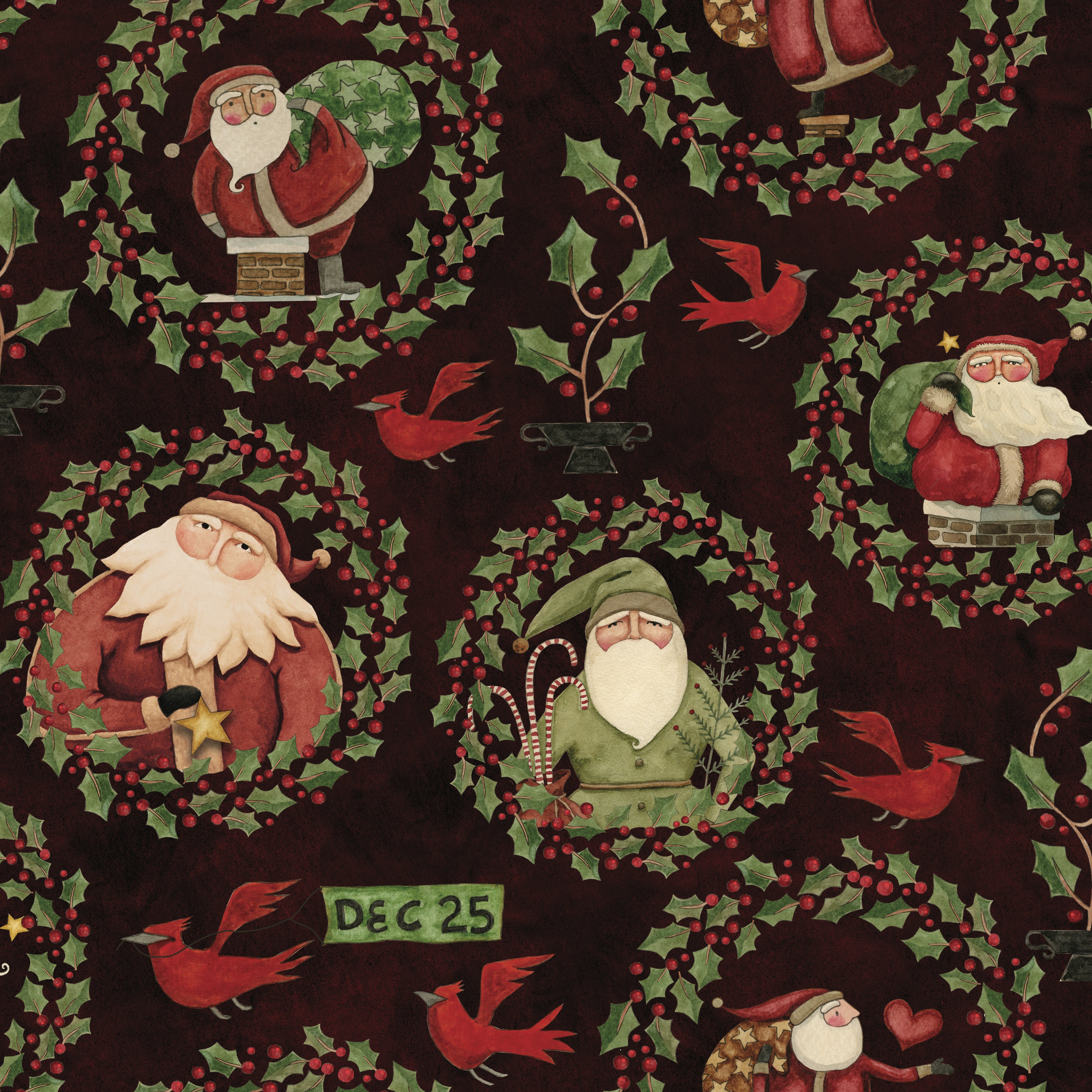 Up on the Housetop | Santa Holly Dark Cranberry by Teresa Kogut for Riley Blake