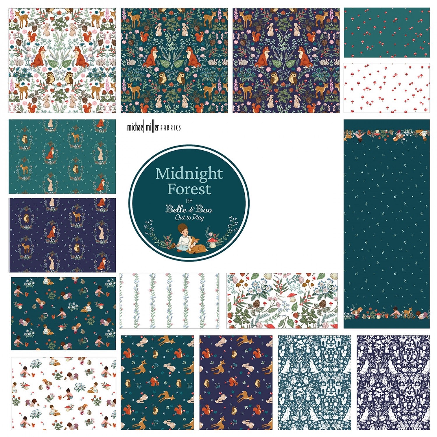 Midnight Forest - Animal Vignettes Teal by Belle & Boo for Michael Miller