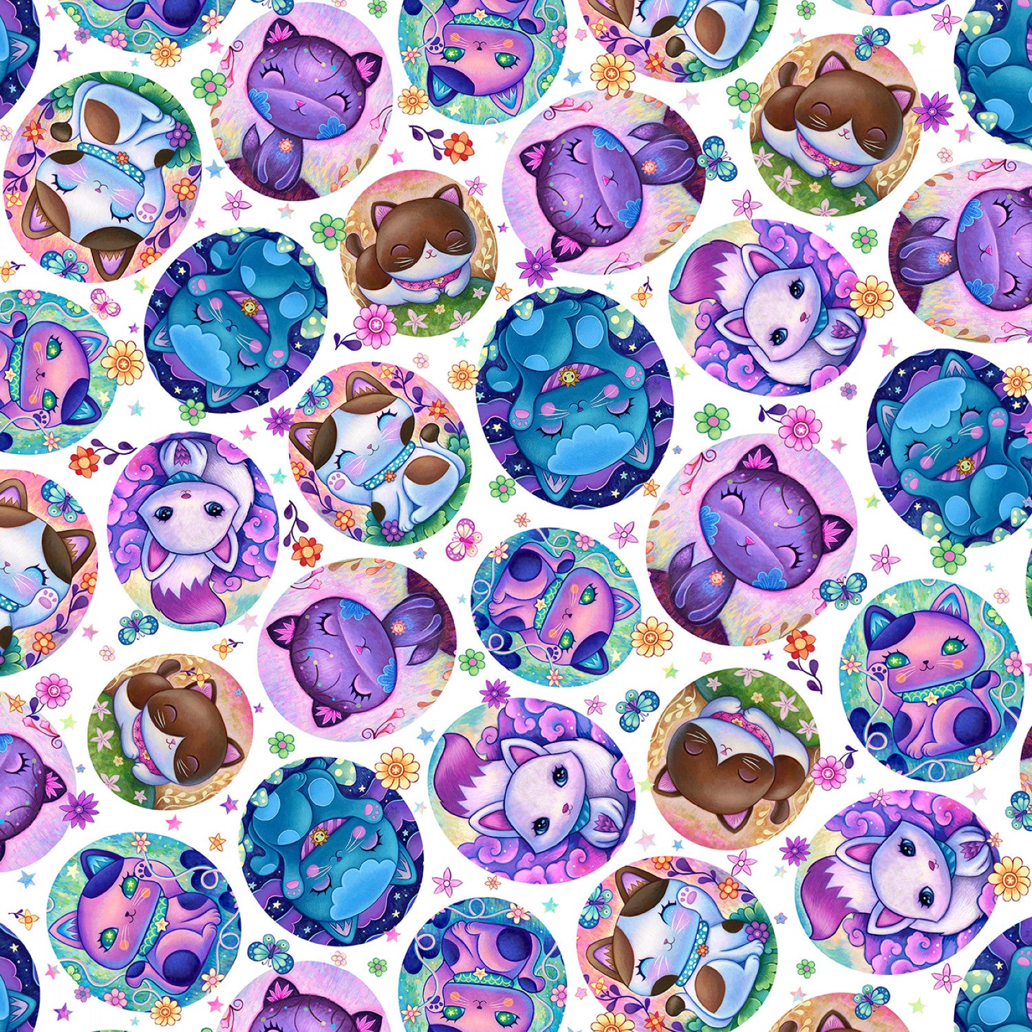 Crazy Kitties | Tossed Framed Kitties - White by Jeremiah Ketner for P&B Textiles | CKIT05608-W