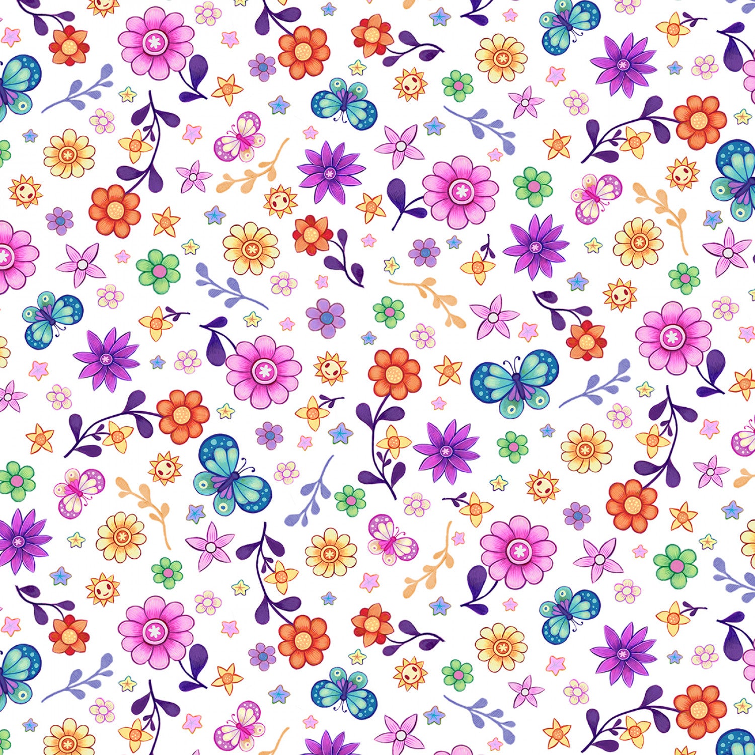 Crazy Kitties | Flower Patch Toss - White by Jeremiah Ketner for P&B Textiles | CKIT05609-W