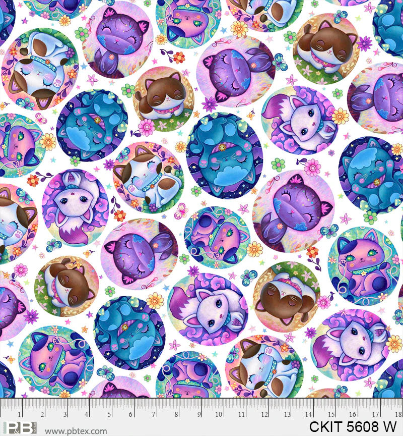 Crazy Kitties | Tossed Framed Kitties - White by Jeremiah Ketner for P&B Textiles | CKIT05608-W