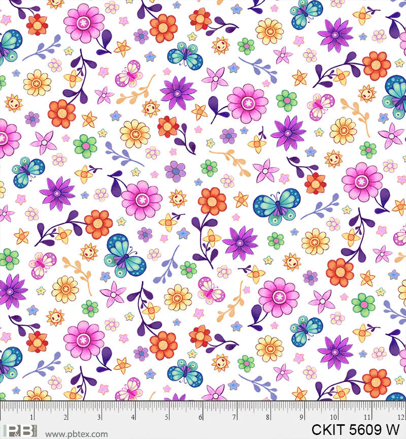 Crazy Kitties | Flower Patch Toss - White by Jeremiah Ketner for P&B Textiles | CKIT05609-W