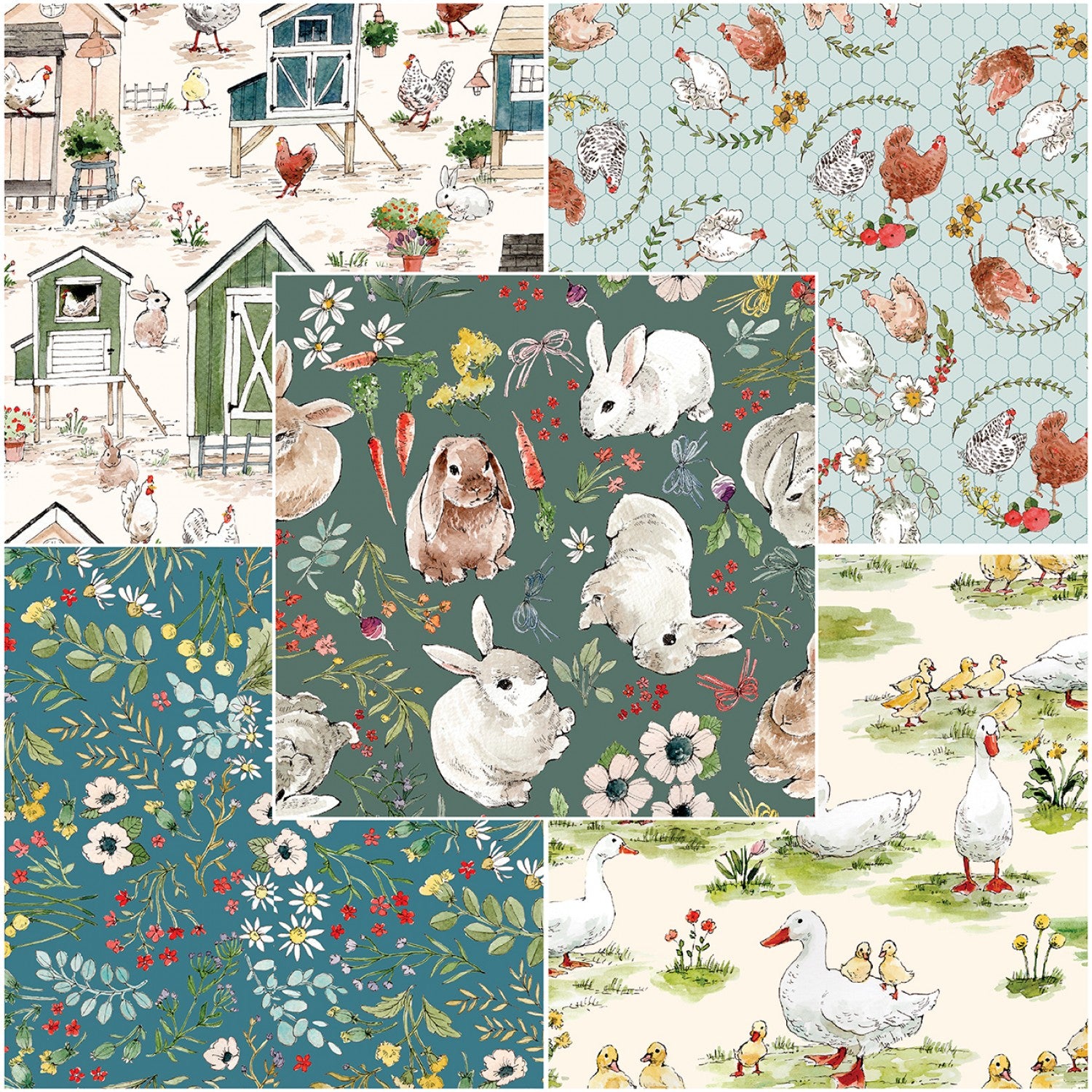 Cottontail Farm - Chickens on a Wire Blue by 3 Wishes Fabric