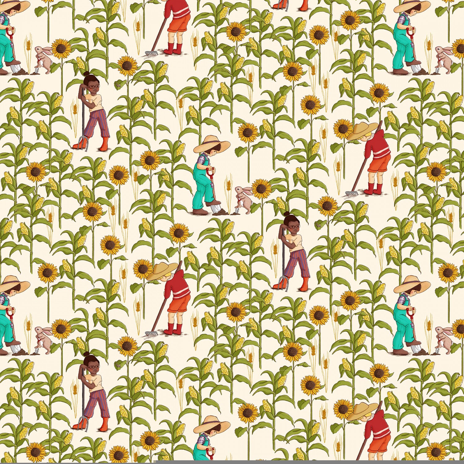 Farm Days | Sunflower and Farmers - Cream by Belle & Boo for Michael Miller | DDC11875-CREM