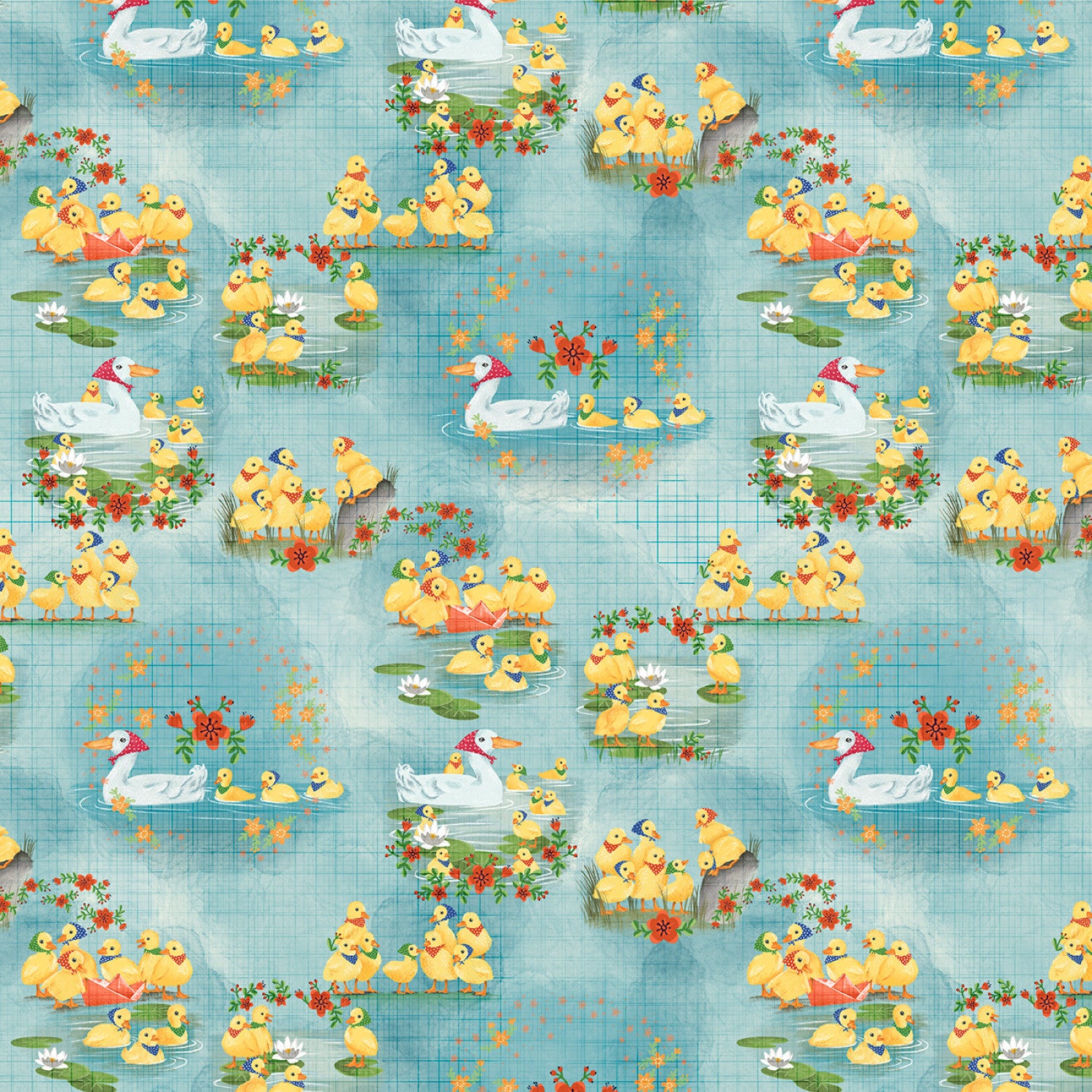 Darling Ducklings | Mama and Ducklings Turquoise by Raquel Maciel for P&B Textiles | DDUC5496-T