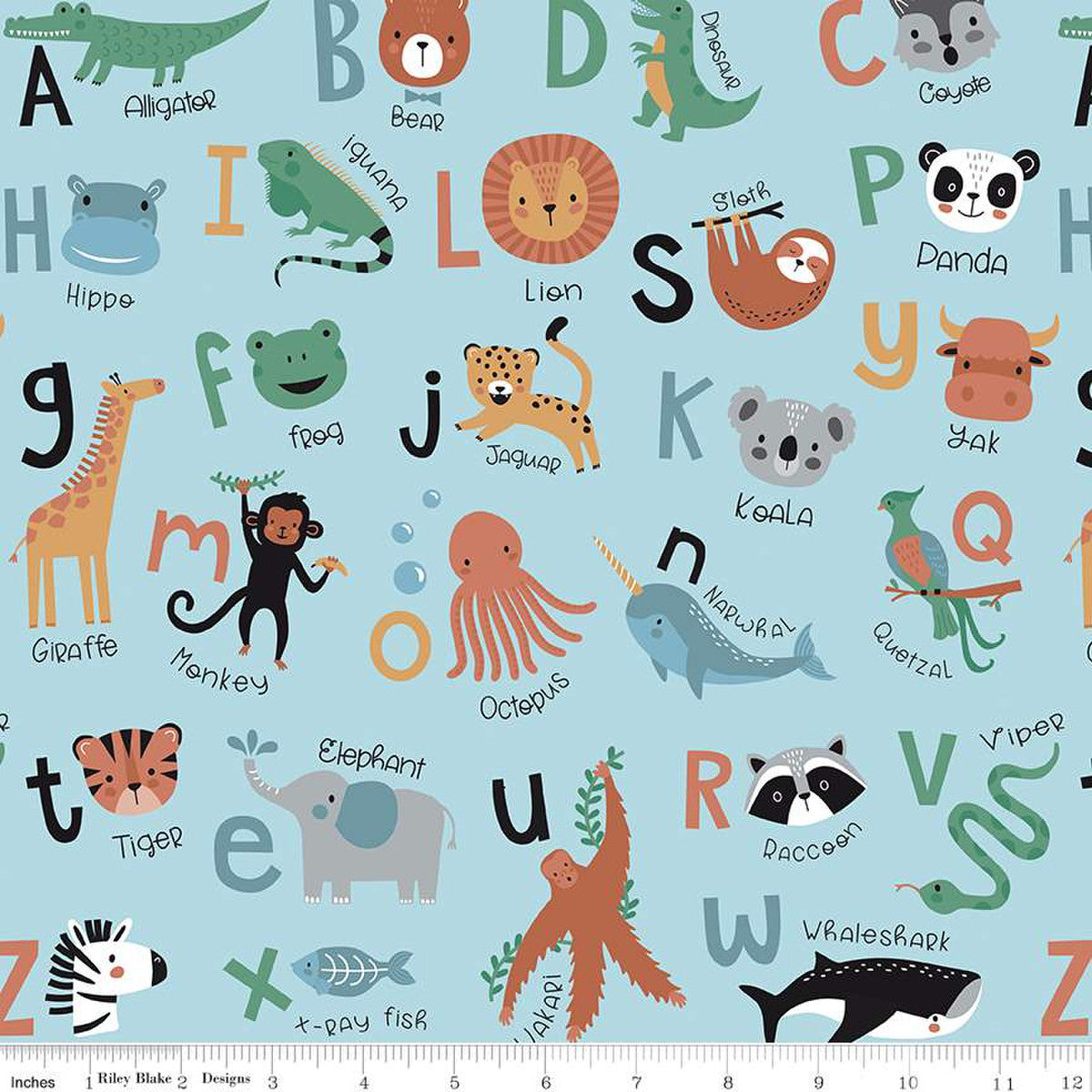 Flannel Alphabet Zoo Aqua by Dani Mogstad for Riley Blake