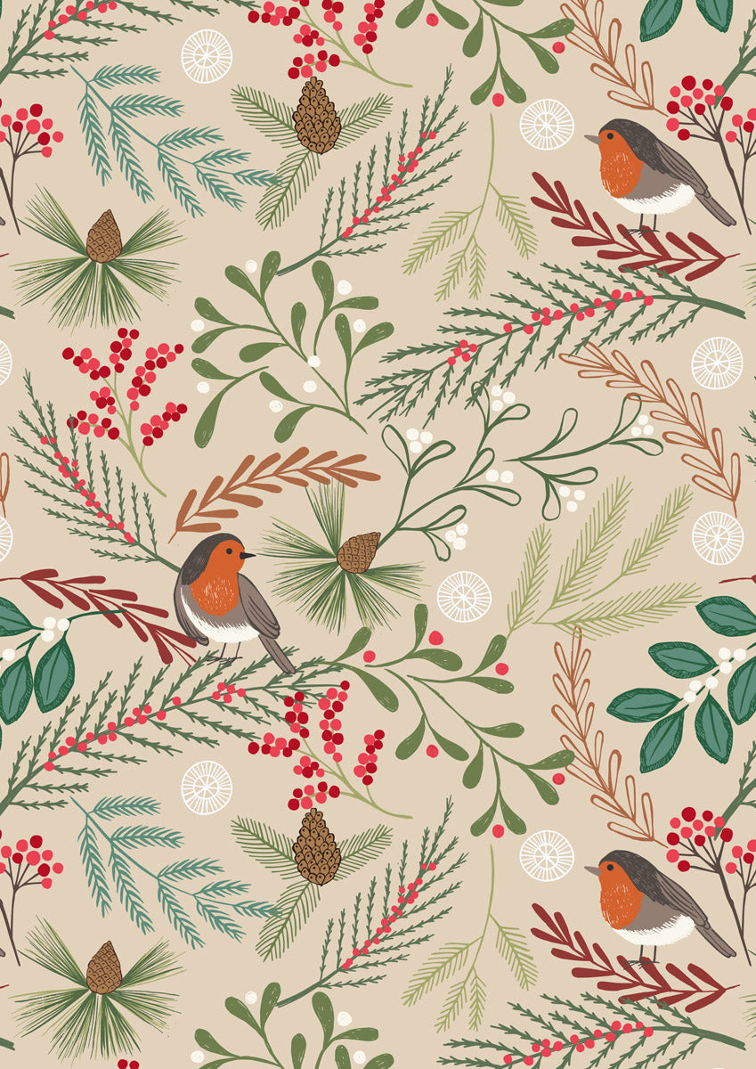 New Forest Winter Flannel | Robin on Dark Cream by Lewis & Irene | 100% Cotton Flannel