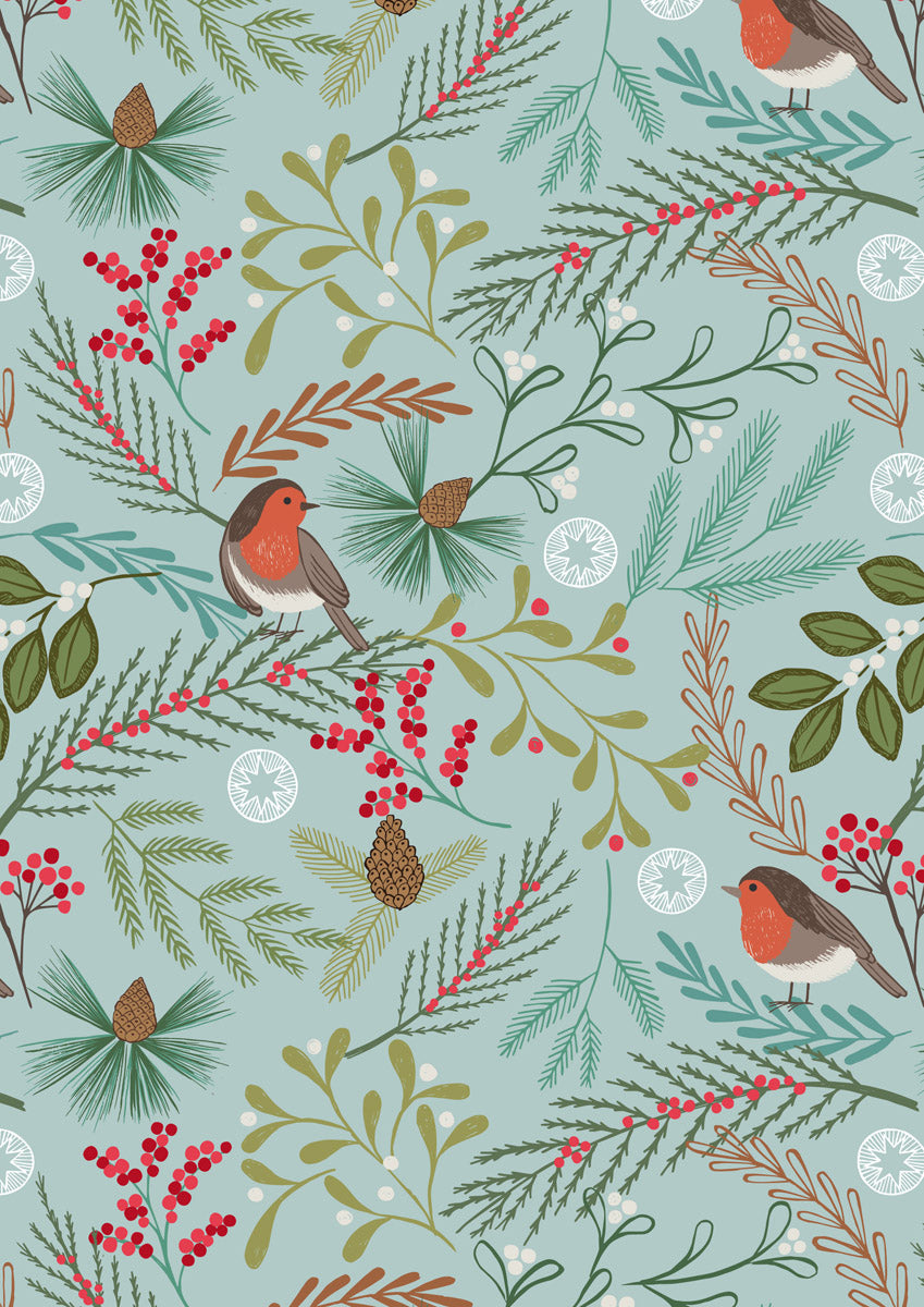 New Forest Winter Flannel | Robin on Icy Blue by Lewis & Irene | 100% Cotton Flannel