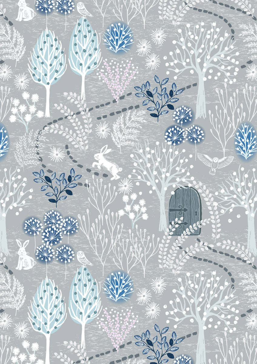 Secret Winter Garden Flannel | Secret Garden on Frosty Grey by Lewis & Irene | 100% Cotton Flannel