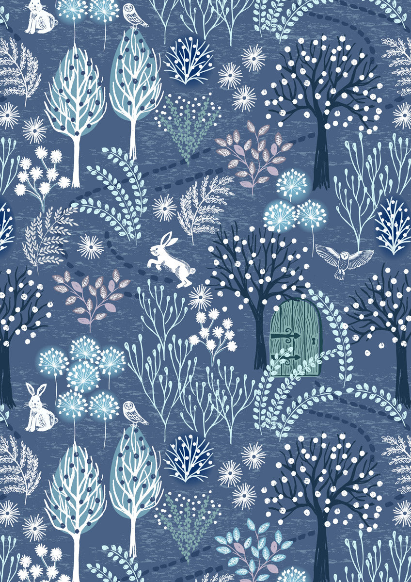 Secret Winter Garden Flannel | Secret Garden on Nordic Blue by Lewis & Irene | 100% Cotton Flannel