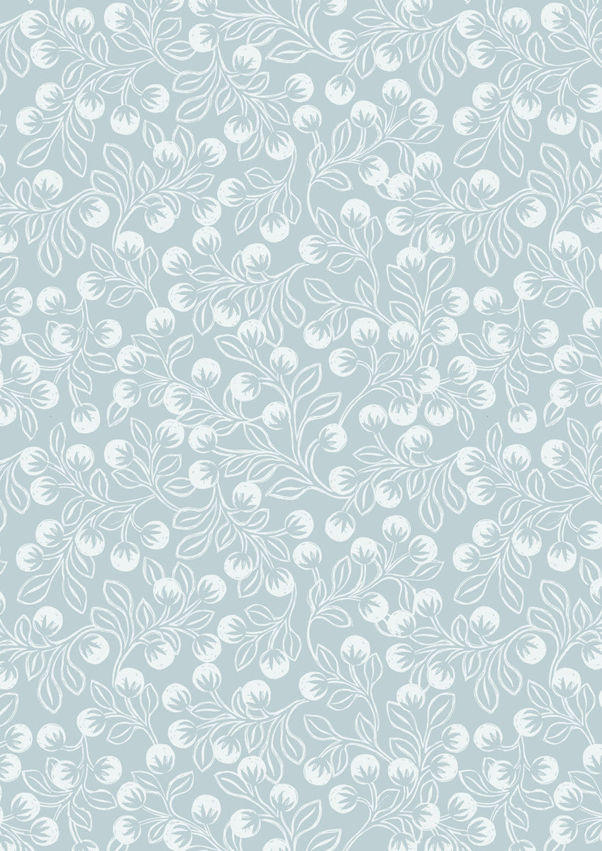 Secret Winter Garden Flannel | Snowberries on Ice Blue by Lewis & Irene | 100% Cotton Flannel