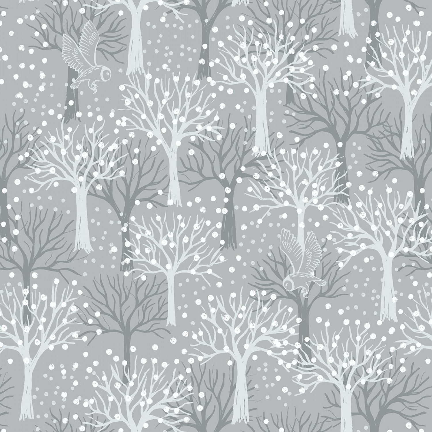 Secret Winter Garden Flannel | Owl Orchard on Light Grey by Lewis & Irene | 100% Cotton Flannel