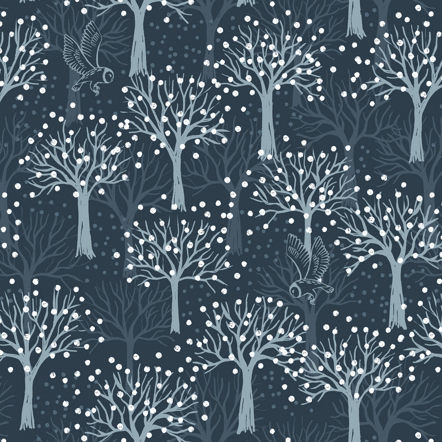 Secret Winter Garden Flannel | Owl Orchard on Dark Blue by Lewis & Irene | 100% Cotton Flannel