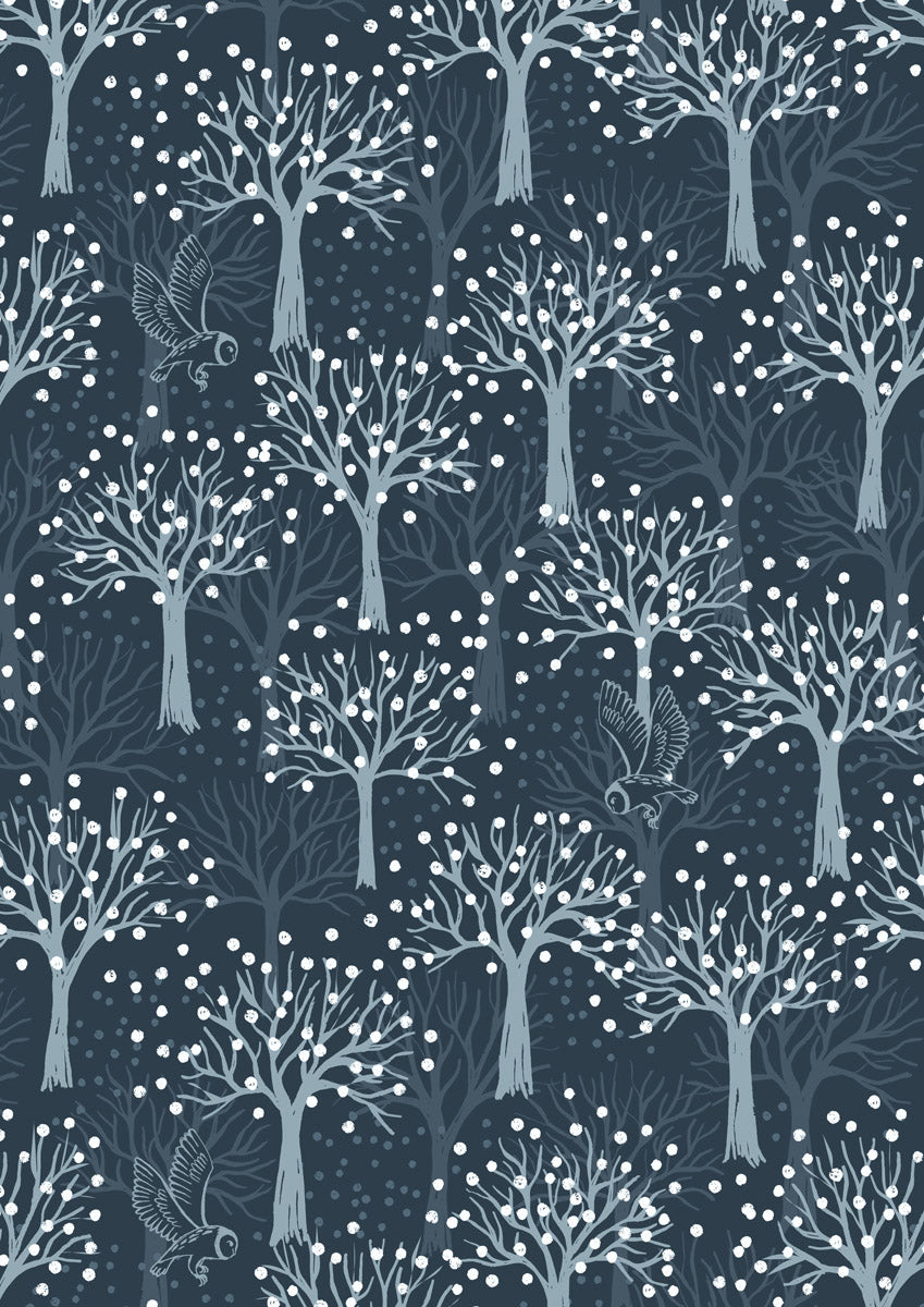 Secret Winter Garden Flannel | Owl Orchard on Dark Blue by Lewis & Irene | 100% Cotton Flannel