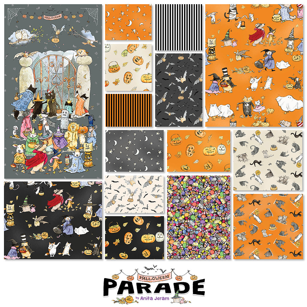 Halloween Parade | 24" Gray Halloween Panel by Anita Jeram for Clothworks