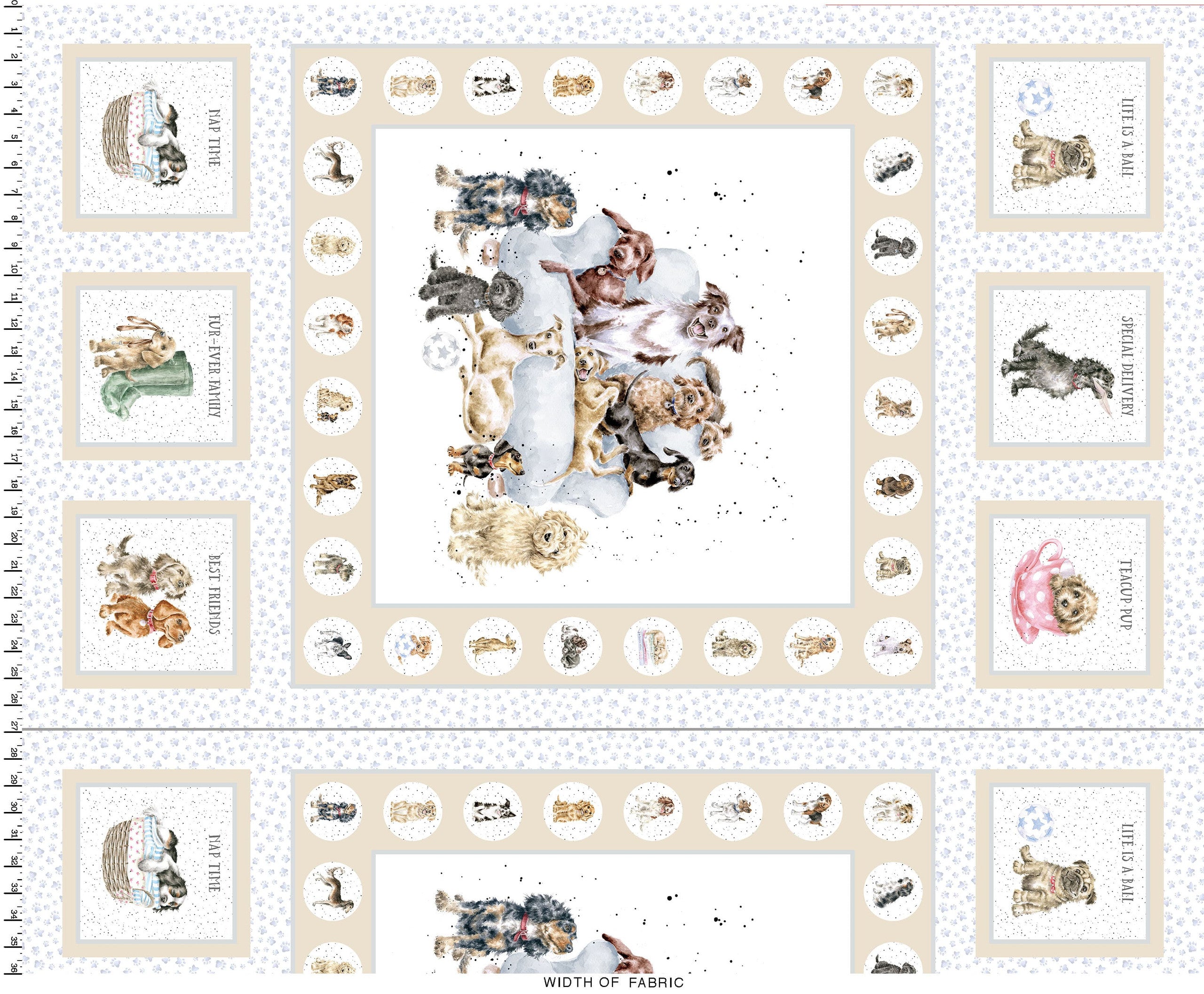 Whiskers & Paws | 27" Panel - Dogs - Cream by Hannah Dale for Maywood Studio | MAS10411-E