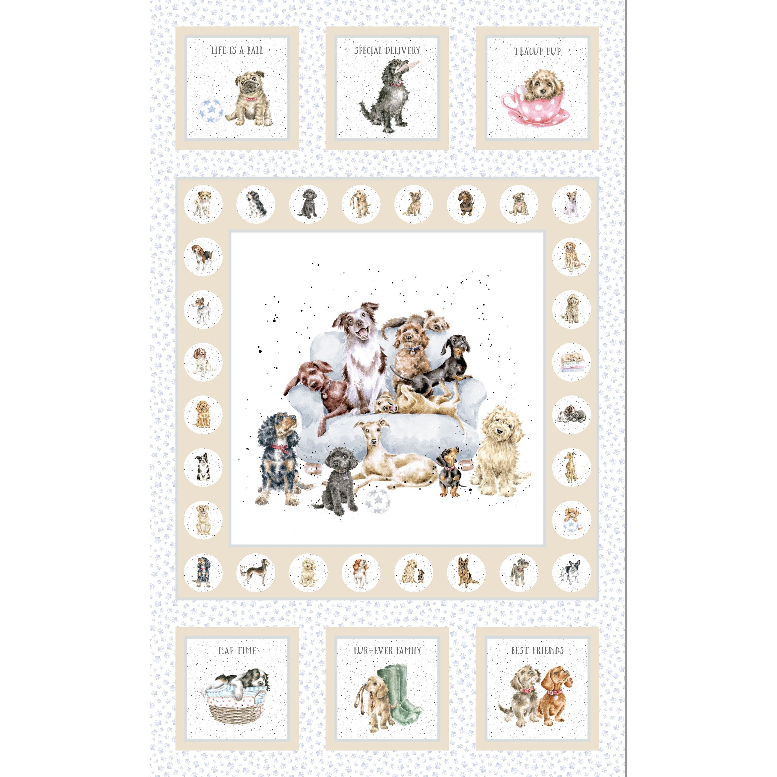 Whiskers & Paws | 27" Panel - Dogs - Cream by Hannah Dale for Maywood Studio | MAS10411-E