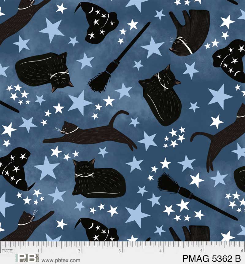 Practical Magic | Black Cat Toss Blue by Jacqueline Wild for P&B Textiles | PMAG5362-B