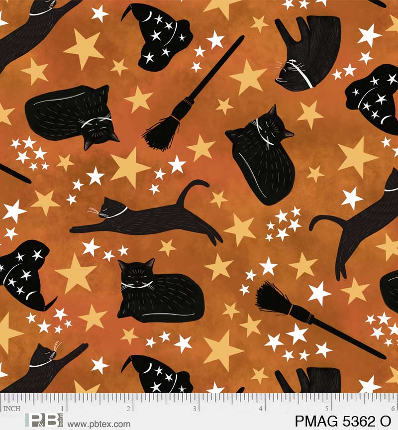 Practical Magic | Black Cat Toss Orange by Jacqueline Wild for P&B Textiles | PMAG5362-O