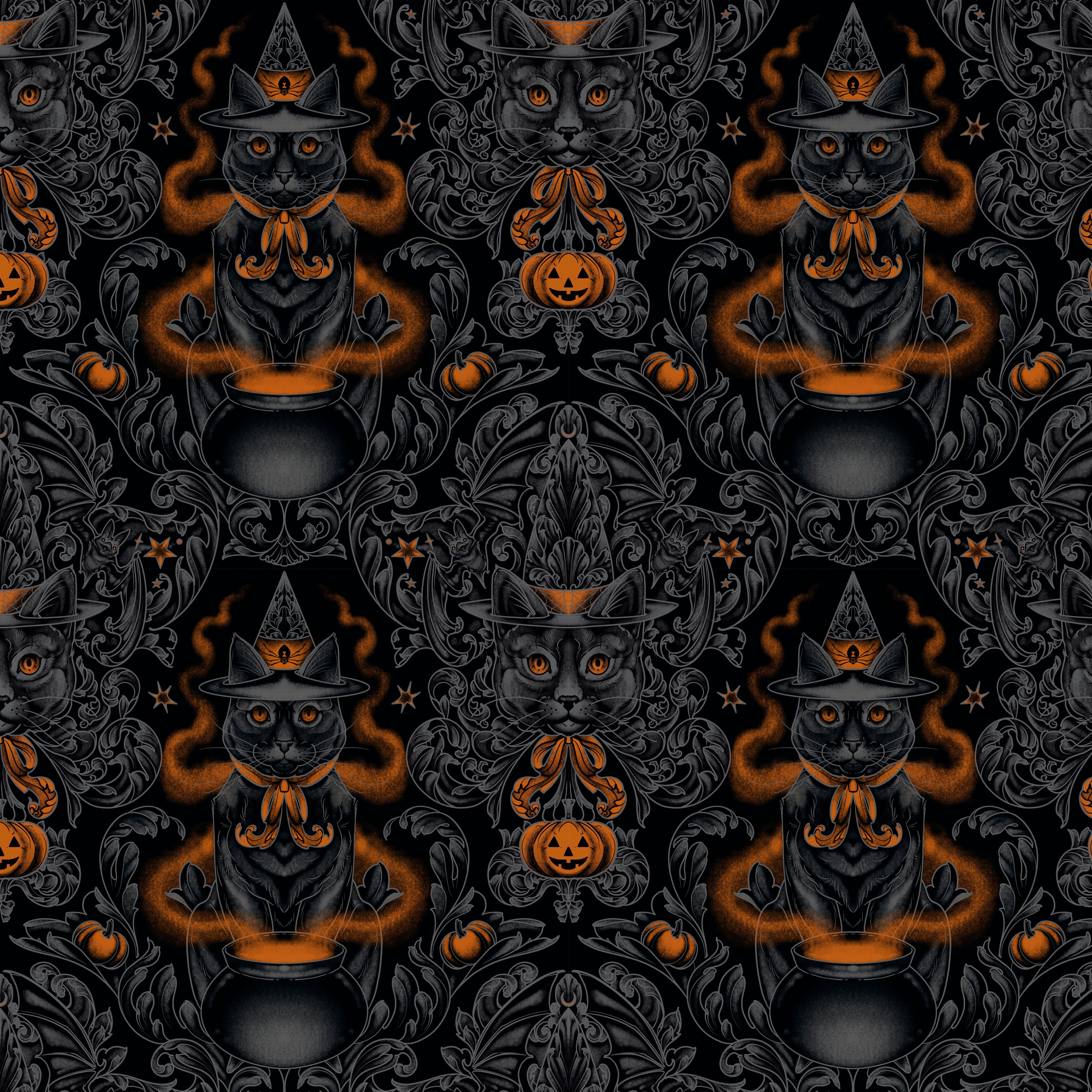 Storybook Halloween | Black Cat Damask - Black by Rachel Hauer for Free Spirit | PWRH059.BLACK