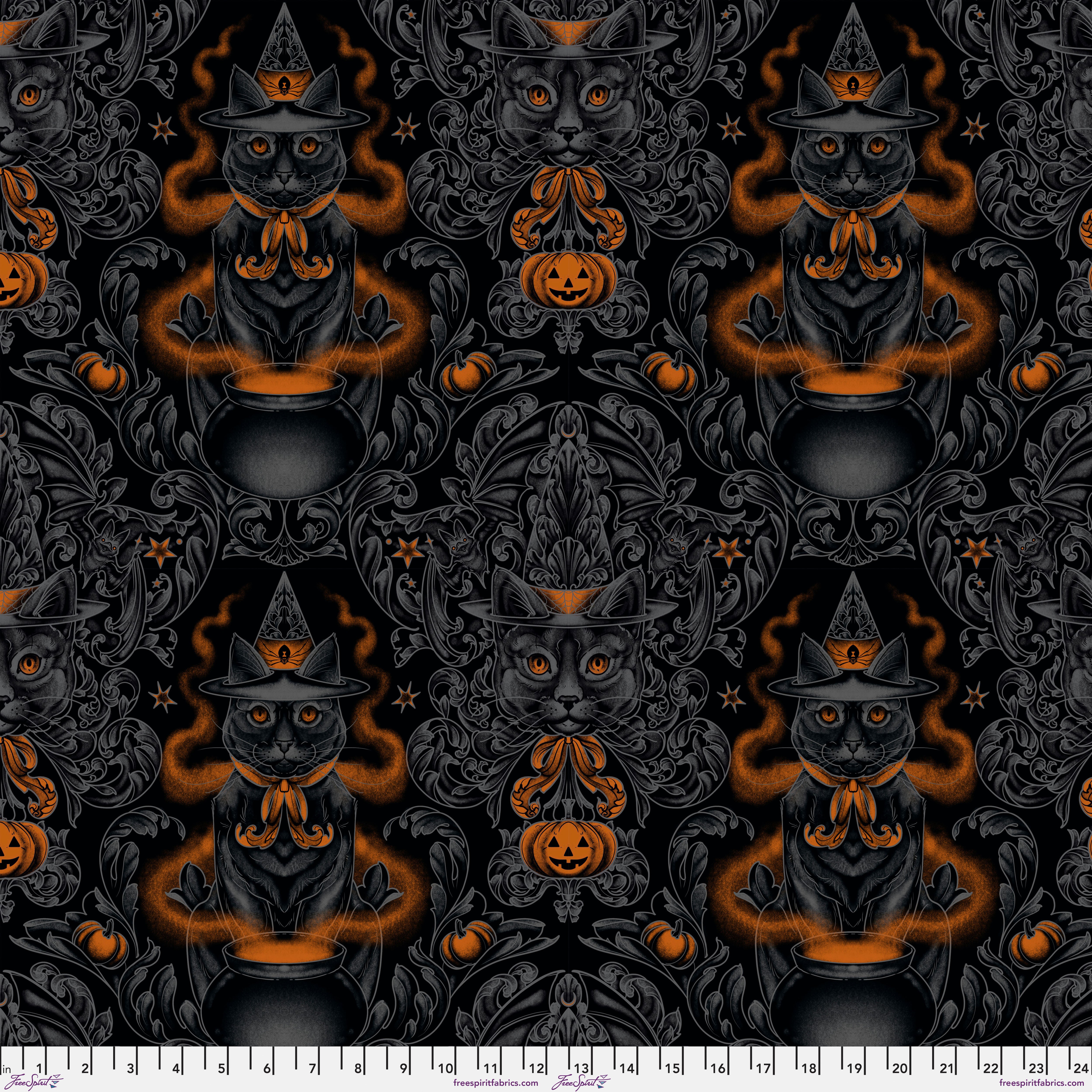 Storybook Halloween | Black Cat Damask - Black by Rachel Hauer for Free Spirit | PWRH059.BLACK