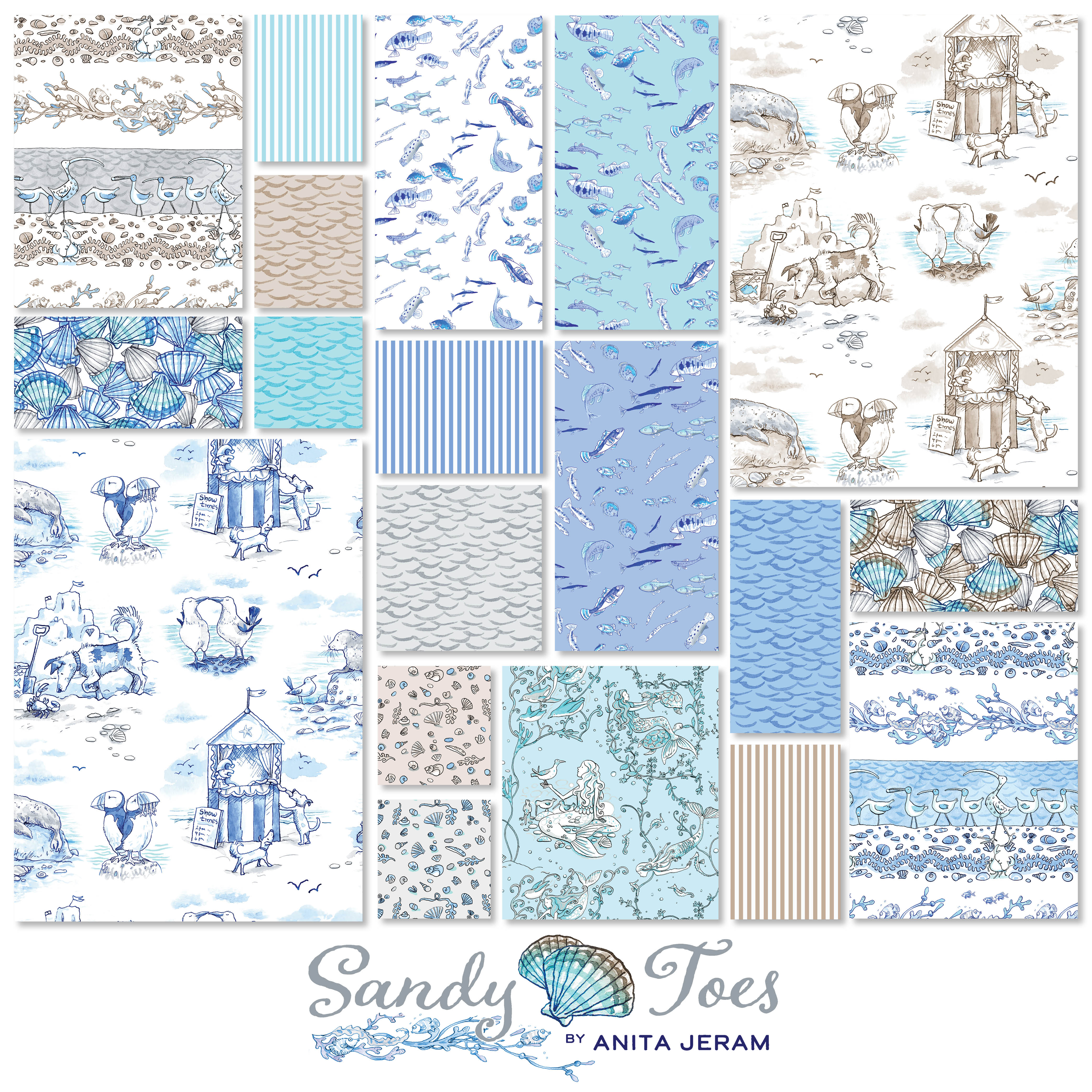 Sandy Toes - Stripes Aqua by Anita Jeram for Clothworks