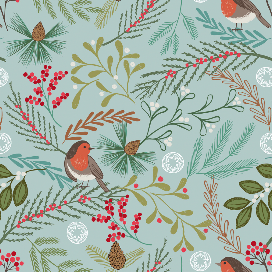 New Forest Winter Flannel | Robin on Icy Blue by Lewis & Irene | 100% Cotton Flannel