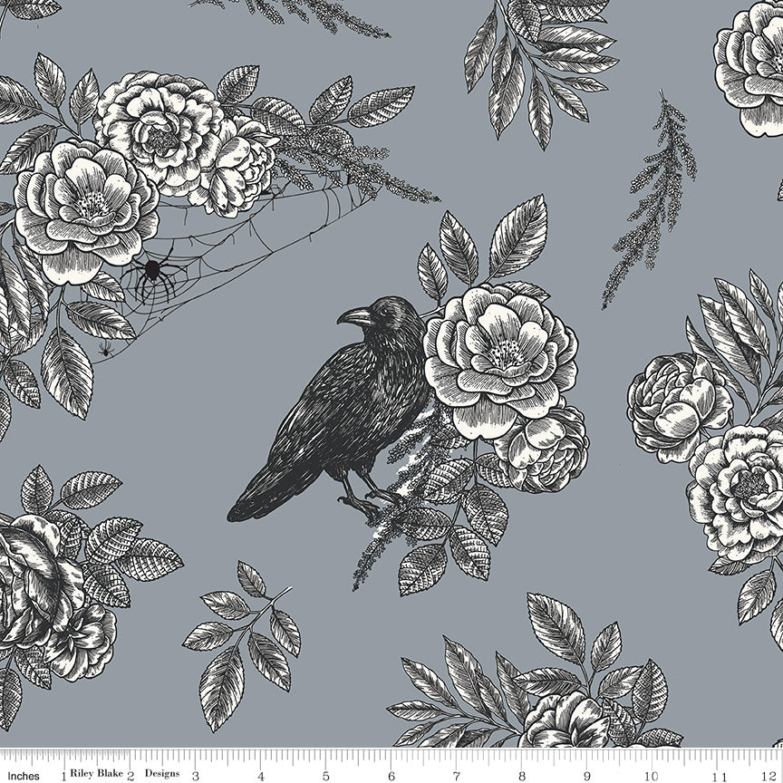 Sophisticated Halloween | Floral Raven Fog 108" Wide Back by My Mind's Eye for Riley Blake | WB14628-FOG