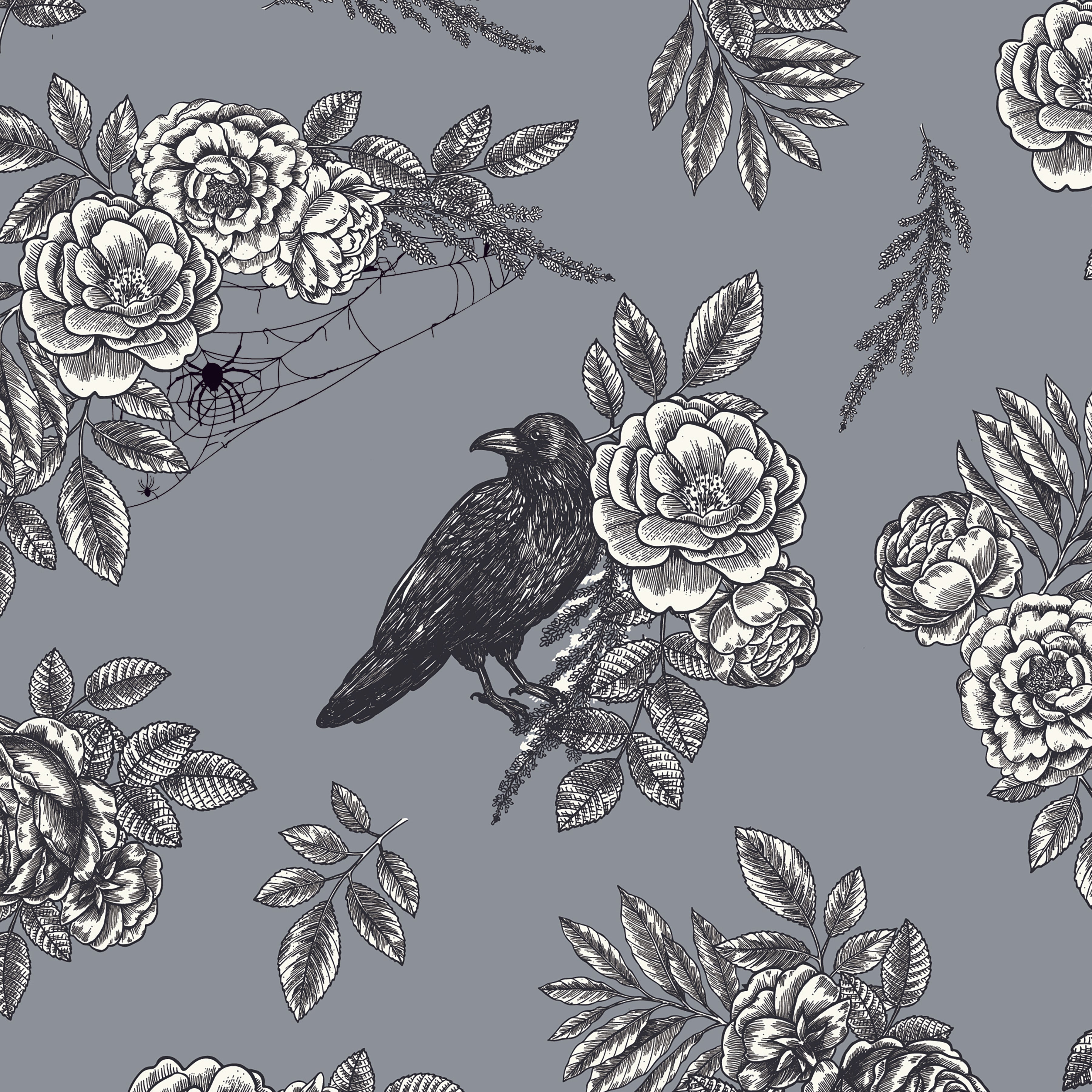 Sophisticated Halloween | Floral Raven Fog 108" Wide Back by My Mind's Eye for Riley Blake | WB14628-FOG