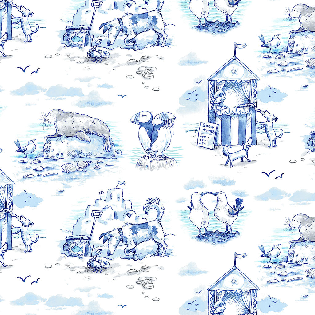 Sandy Toes - Scenic Toile Blue by Anita Jeram for Clothworks