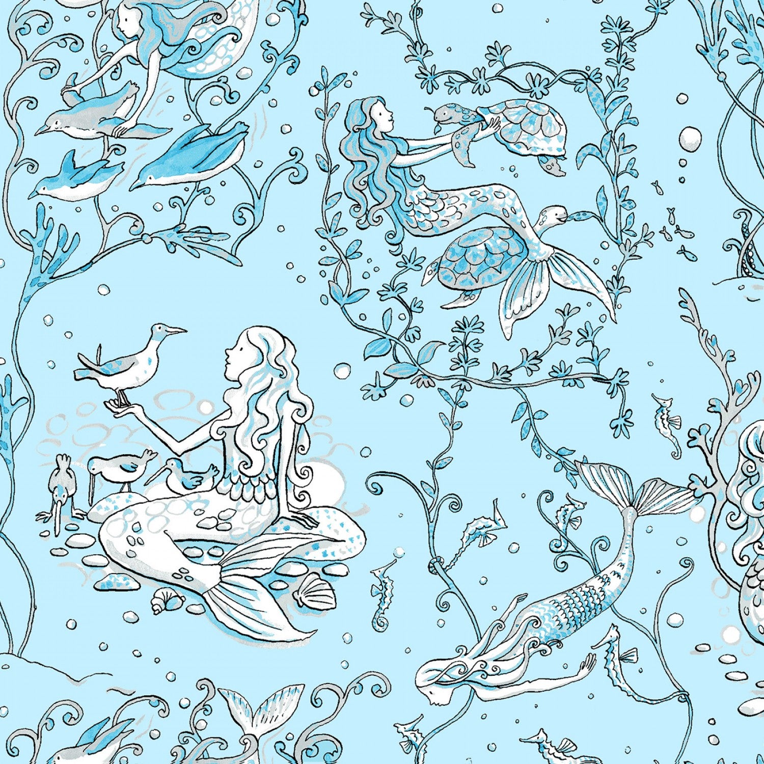 Sandy Toes - Mermaids Light Blue by Anita Jeram for Clothworks