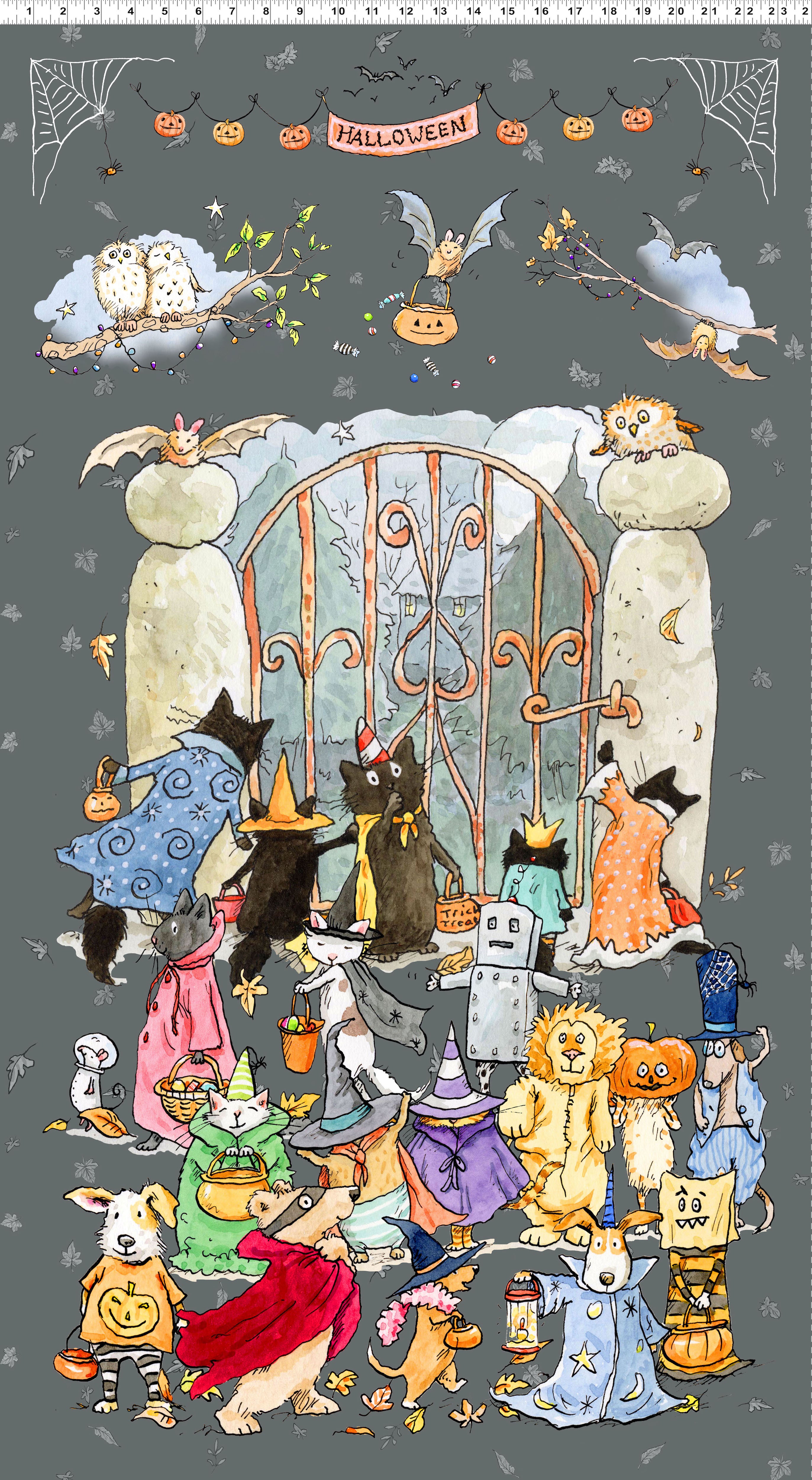 Halloween Parade | 24" Gray Halloween Panel by Anita Jeram for Clothworks