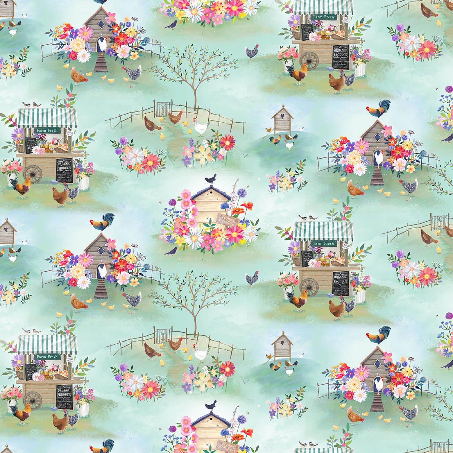 Simple Life | Digital Farm Life Toile Light Mint by Sarah Summers for Clothworks | Y4330-109