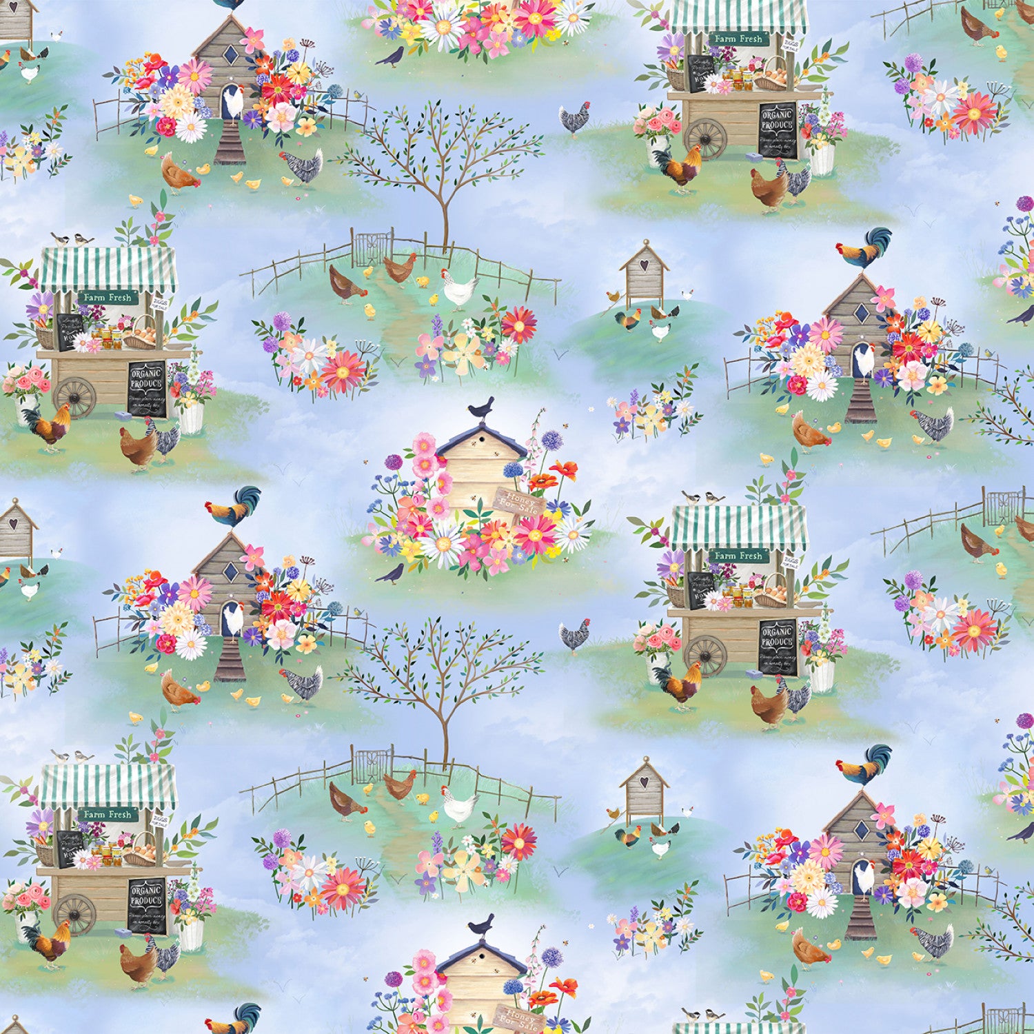 Simple Life | Digital Farm Life Toile Light Denim by Sarah Summers for Clothworks | Y4330-87