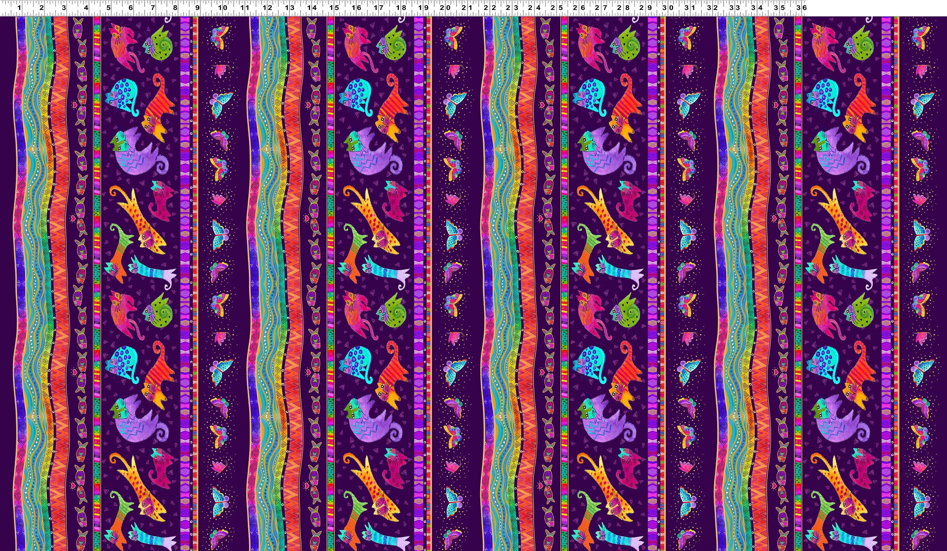 Fantasticats | Digital Pictorial Stripe Dark Purple Metallic by Laurel Burch for Clothworks | Y4340-28M