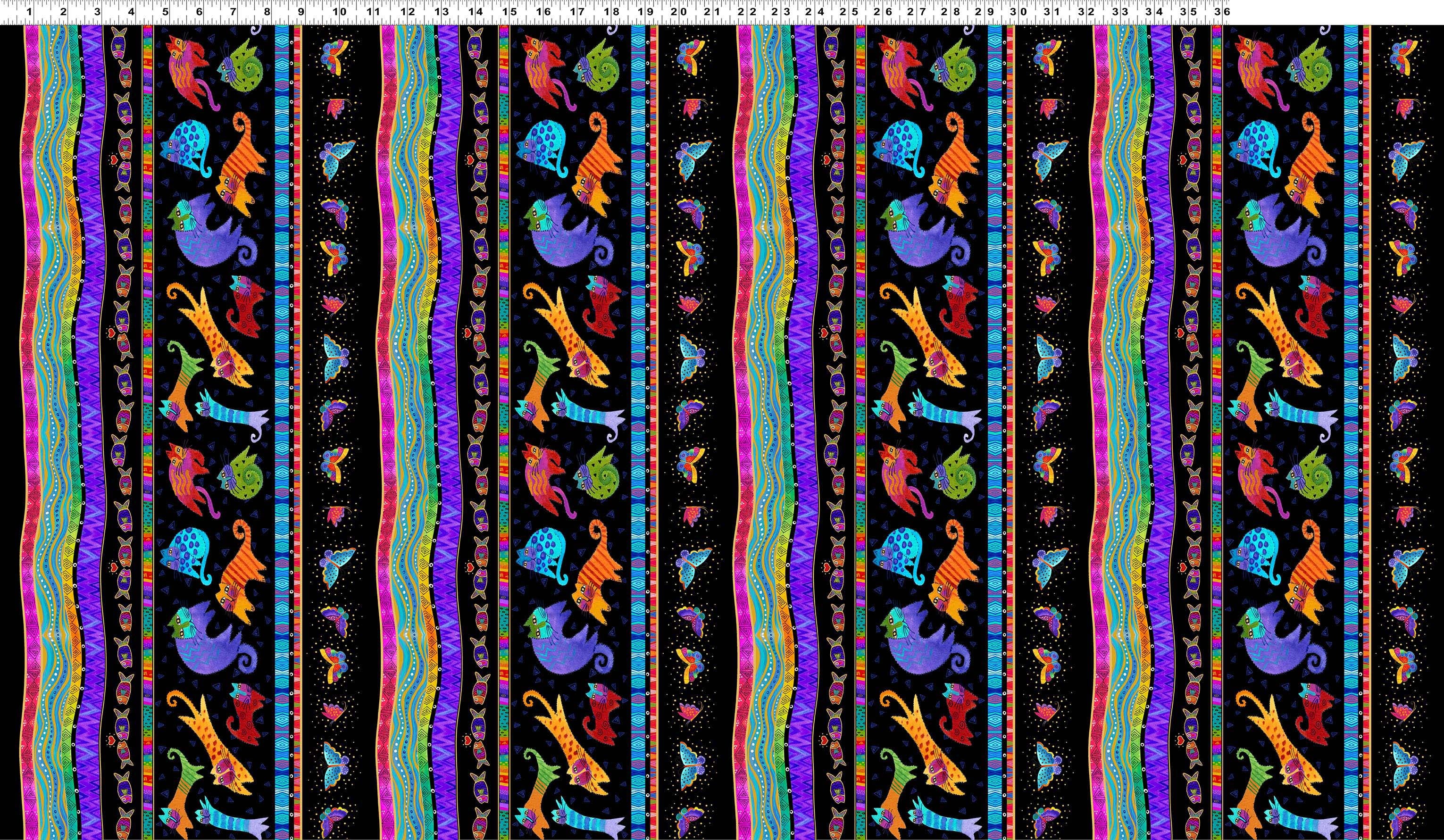 Fantasticats | Digital Pictorial Stripe Black Metallic by Laurel Burch for Clothworks | Y4340-3M